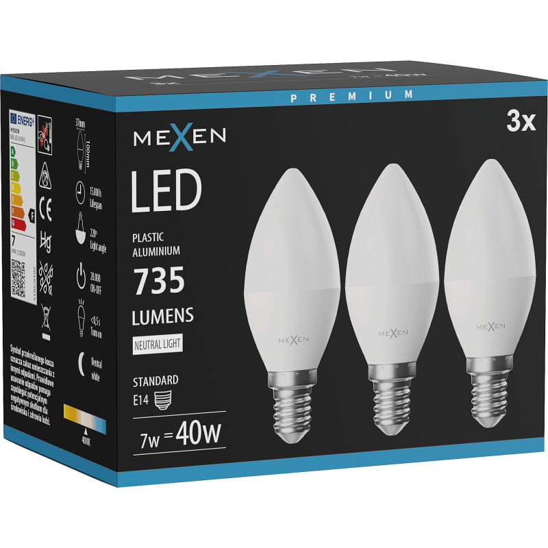 Mexen Nova 3x Ampoule LED E14, C37, 7W, Neutre - 4000K, 735 lm - L102-E14-0740-01x03