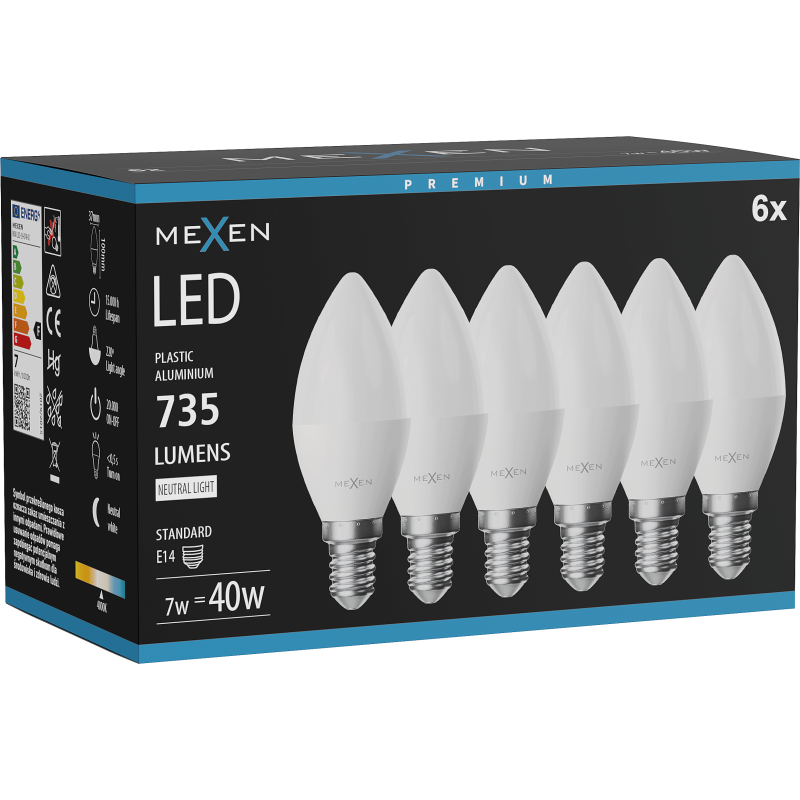 Mexen Nova 6x Ampoule LED E14, C37, 7W, Neutre - 4000K, 735 lm - L102-E14-0740-01x06