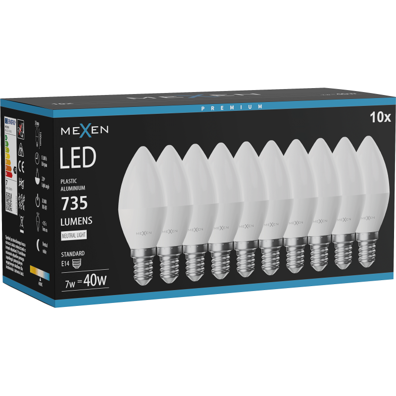 Mexen Nova 10x Ampoule LED E14, C37, 7W, Neutre - 4000K, 735 lm - L102-E14-0740-01x10