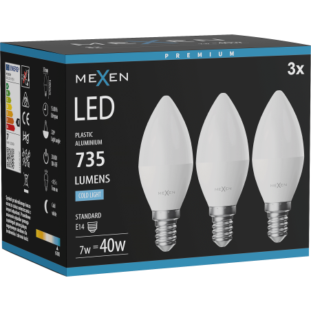 Mexen Nova 3x Ampoule LED E14, C37, 7W, Froid - 6500K, 735 lm - L102-E14-0765-01x03