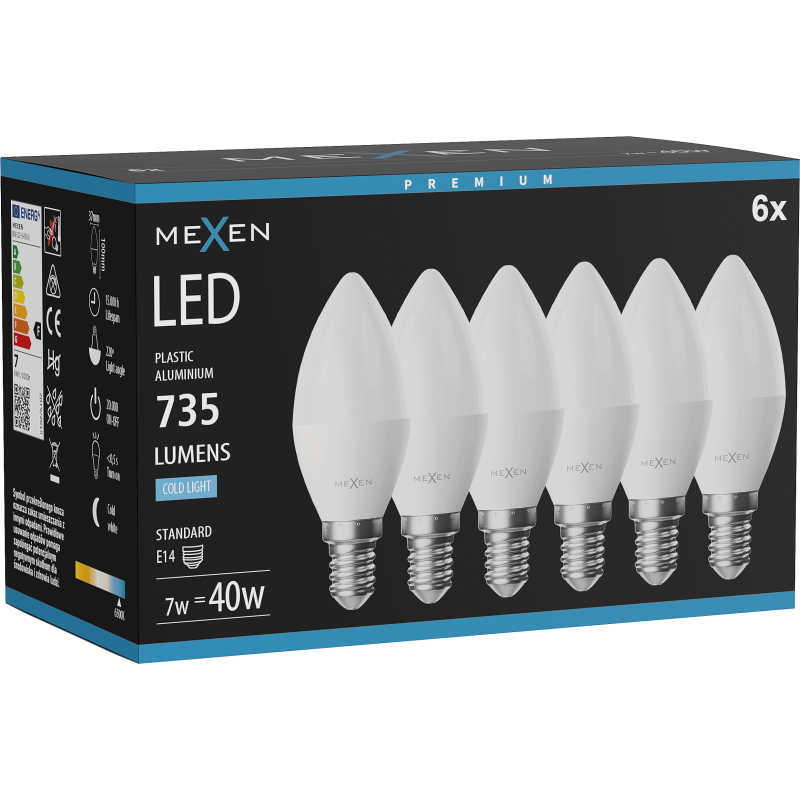 Mexen Nova 6x Ampoule LED E14, C37, 7W, Froid - 6500K, 735 lm - L102-E14-0765-01x06