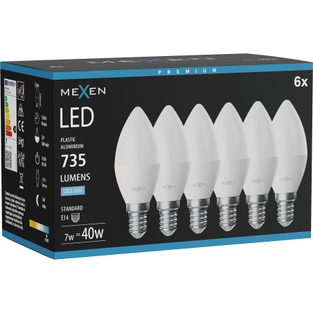 Mexen Nova 6x Ampoule LED E14, C37, 7W, Froid - 6500K, 735 lm - L102-E14-0765-01x06