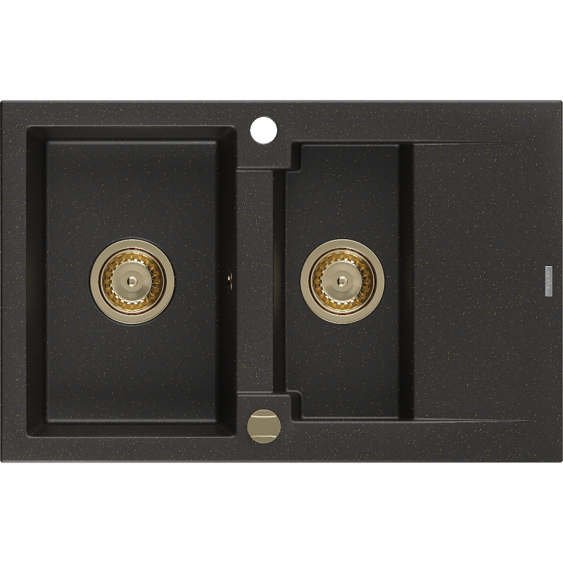 Mexen Gaspar évier en granit à 1,5 cuvette avec égouttoir 737 x 475 mm, Noir/Or métallique, siphon Or - 6507731505-75-G