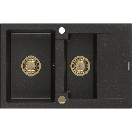 Mexen Gaspar évier en granit 1,5 bac avec égouttoir 737 x 475 mm, noir/or métallique, siphon doré - 6507731505-75-G