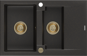 Mexen Gaspar évier en granit à 1,5 cuvette avec égouttoir 737 x 475 mm, Noir/Or métallique, siphon Or - 6507731505-75-G