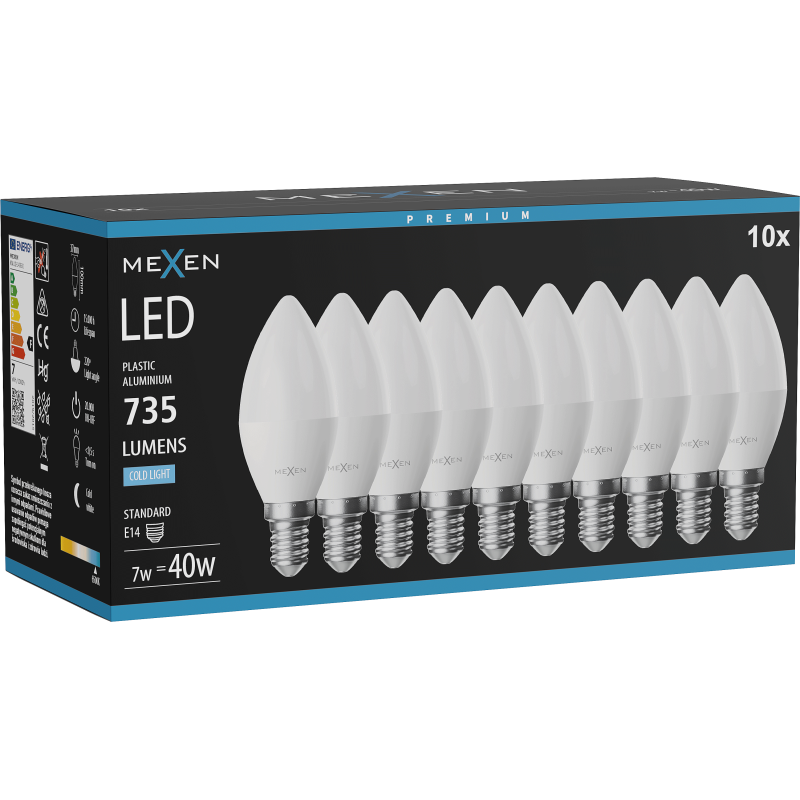 Mexen Nova 10x ampoule LED E14, C37, 7W, Froid - 6500K, 735 lm - L102-E14-0765-01x10