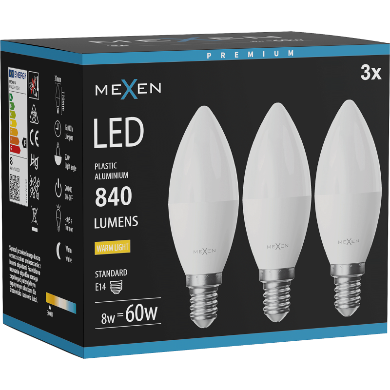 Mexen Nova 3x Ampoule LED E14, C37, 8W, Chaude - 3000K, 840 lm - L102-E14-0830-01x03