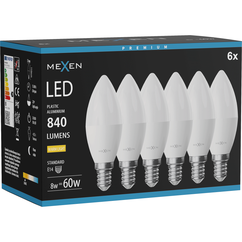 Mexen Nova 6x Ampoule LED E14, C37, 8W, Chaude - 3000K, 840 lm - L102-E14-0830-01x06
