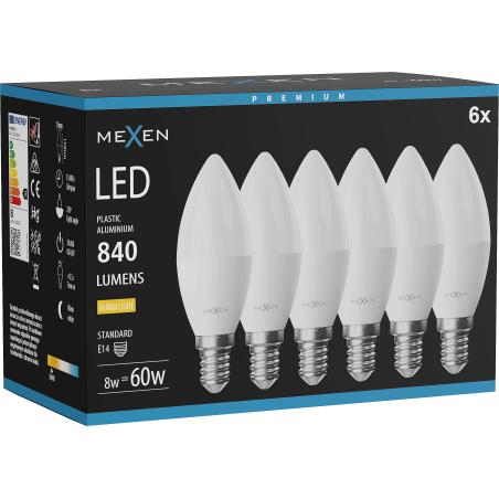 Mexen Nova 6x Ampoule LED E14, C37, 8W, Chaude - 3000K, 840 lm - L102-E14-0830-01x06