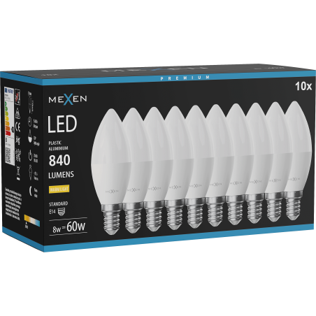 Mexen Nova 10x Ampoule LED E14, C37, 8W, Chaude - 3000K, 840 lm - L102-E14-0830-01x10