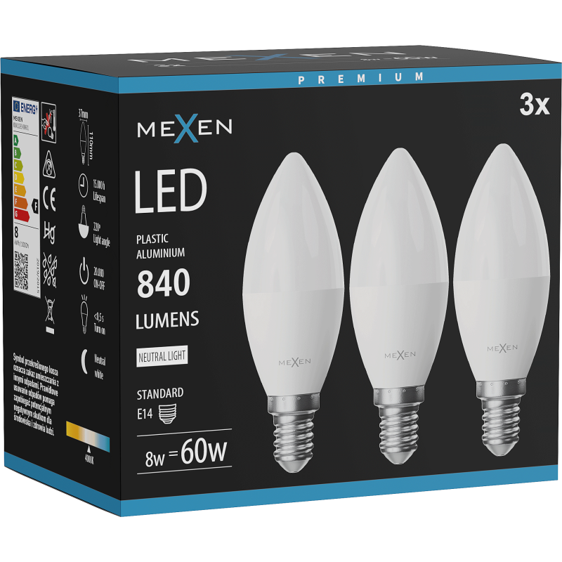 Mexen Nova 3x Ampoule LED E14, C37, 8W, Neutre - 4000K, 840 lm - L102-E14-0840-01x03