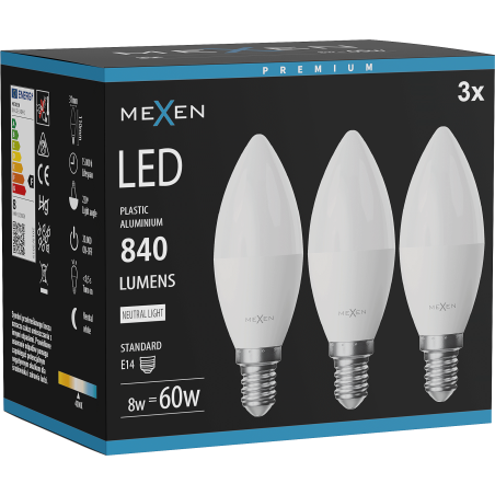 Mexen Nova 3x Ampoule LED E14, C37, 8W, Neutre - 4000K, 840 lm - L102-E14-0840-01x03