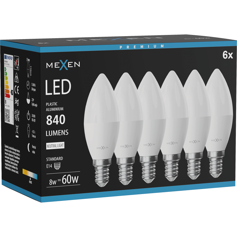 Mexen Nova 6x Ampoule LED E14, C37, 8W, Neutre - 4000K, 840 lm - L102-E14-0840-01x06