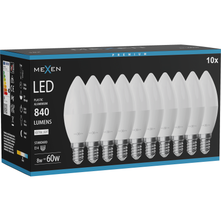 Mexen Nova 10x Ampoule LED E14, C37, 8W, Neutre - 4000K, 840 lm - L102-E14-0840-01x10