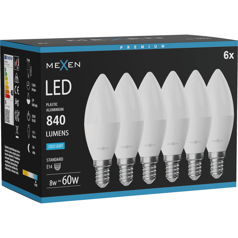 Mexen Nova 6x Ampoule LED E14, C37, 8W, Froid - 6500K, 840 lm - L102-E14-0865-01x06