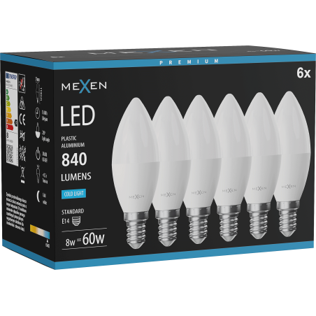 Mexen Nova 6x Ampoule LED E14, C37, 8W, Froid - 6500K, 840 lm - L102-E14-0865-01x06