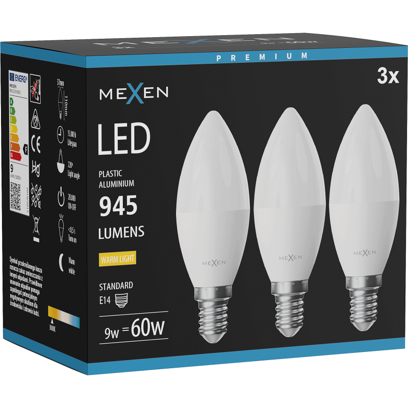 Mexen Nova 3x Ampoule LED E14, C37, 9W, Chaude - 3000K, 945 lm - L102-E14-0930-01x03