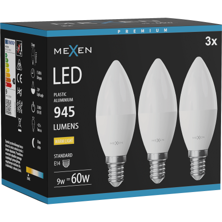 Mexen Nova 3x Ampoule LED E14, C37, 9W, Chaude - 3000K, 945 lm - L102-E14-0930-01x03