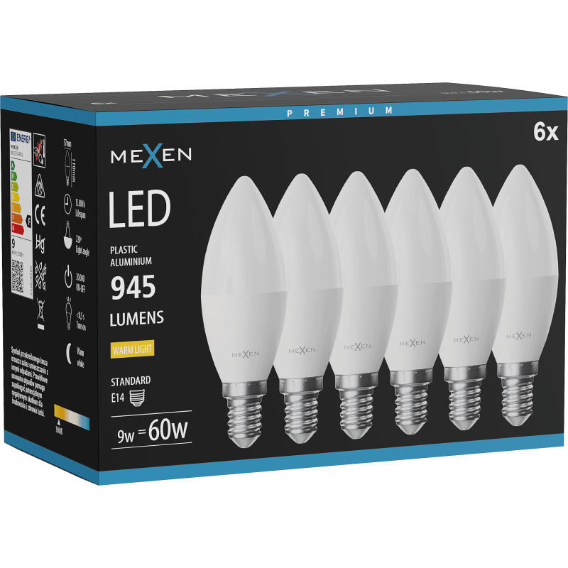 Mexen Nova 6x Ampoule LED E14, C37, 9W, Chaleur - 3000K, 945 lm - L102-E14-0930-01x06