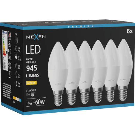 Mexen Nova 6x Ampoule LED E14, C37, 9W, Chaleur - 3000K, 945 lm - L102-E14-0930-01x06