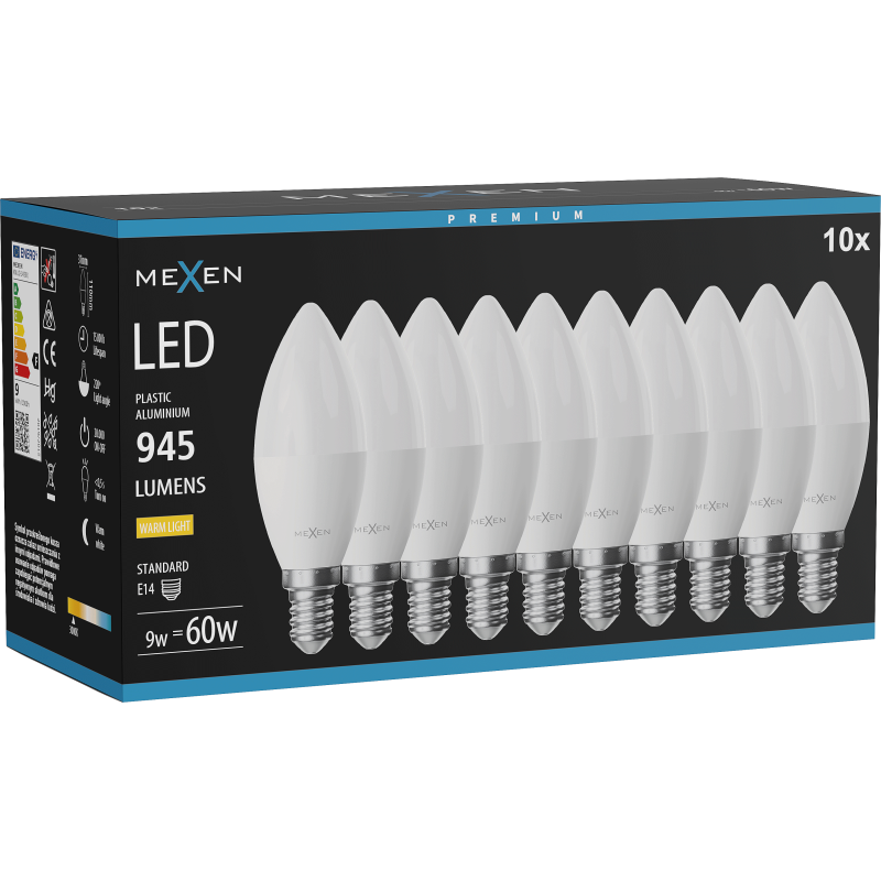 Mexen Nova 10x Ampoule LED E14, C37, 9W, Chaude - 3000K, 945 lm - L102-E14-0930-01x10