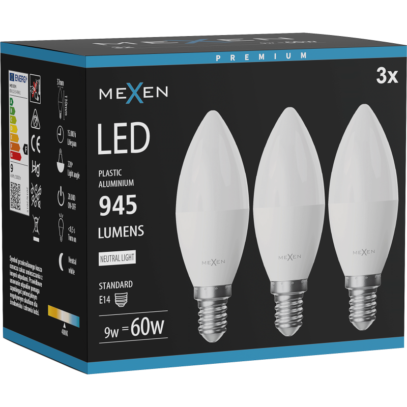 Mexen Nova 3x Ampoule LED E14, C37, 9W, Neutre - 4000K, 945 lm - L102-E14-0940-01x03