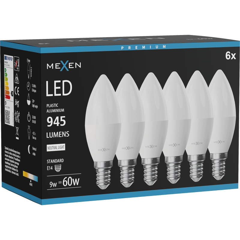 Mexen Nova 6x Ampoule LED E14, C37, 9W, Neutre - 4000K, 945 lm - L102-E14-0940-01x06