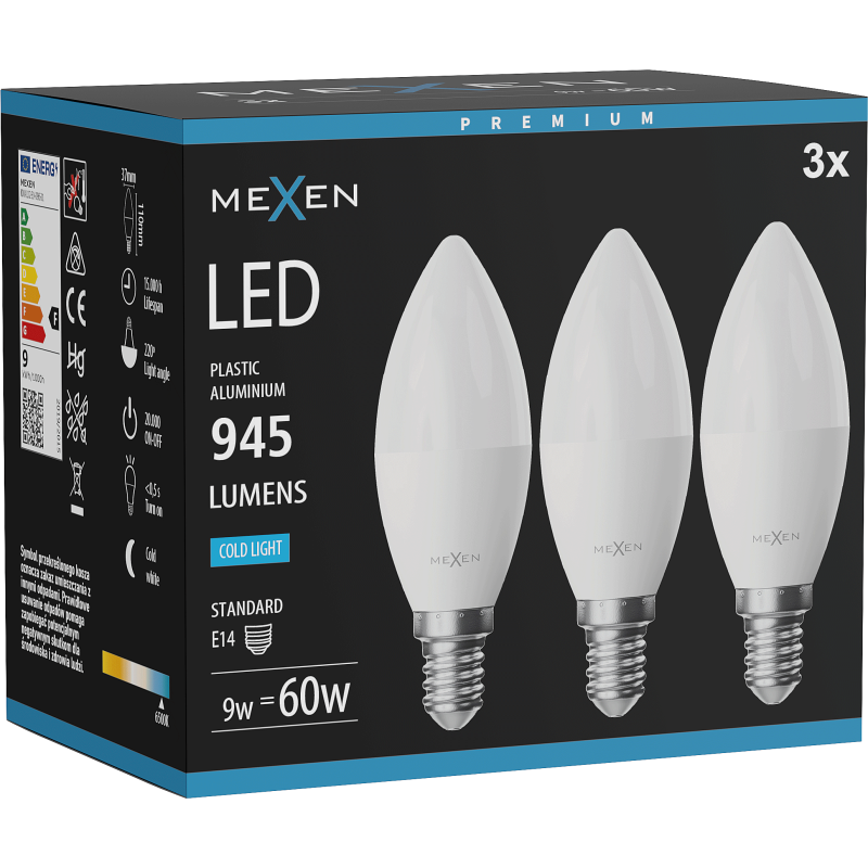 Mexen Nova 3x Ampoule LED E14, C37, 9W, Froid - 6500K, 945 lm - L102-E14-0965-01x03