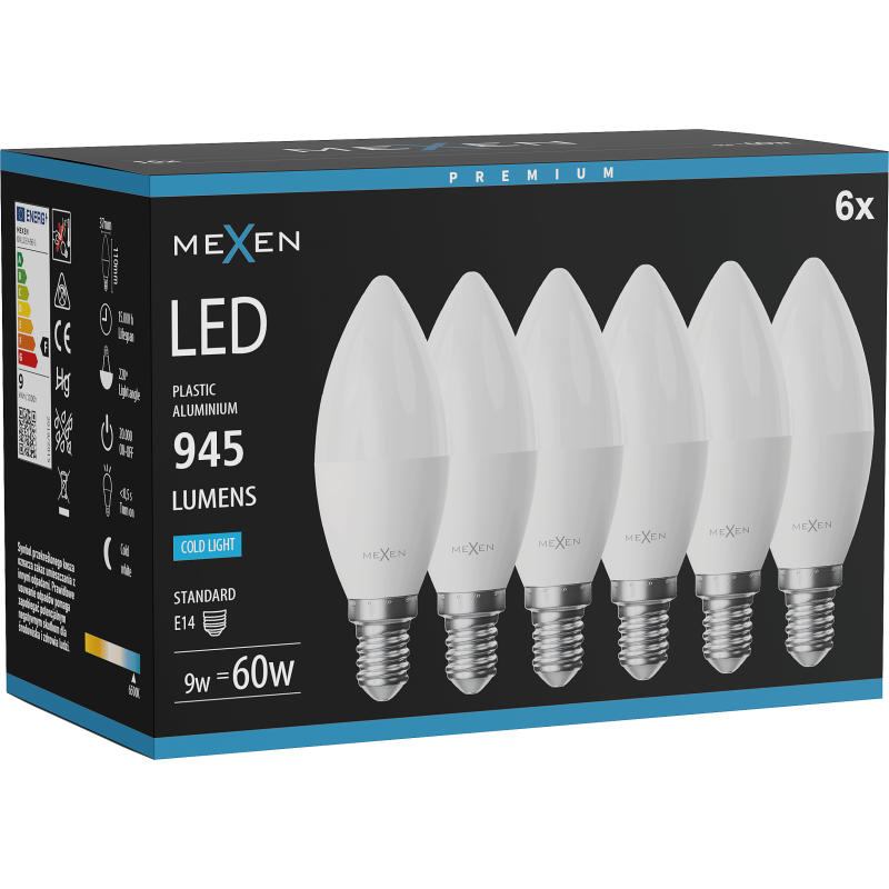 Mexen Nova 6x Ampoule LED E14, C37, 9W, Froide - 6500K, 945 lm - L102-E14-0965-01x06