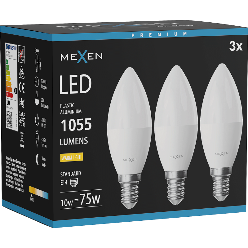 Mexen Nova 3x Ampoule LED E14, C37, 10W, Chaude - 3000K, 1055 lm - L102-E14-1030-01x03
