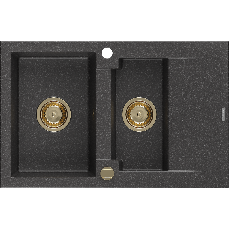Mexen Gaspar évier en granit à 1,5 cuvette avec égouttoir 737 x 475 mm, Noir moucheté, siphon Or - 6507731505-76-G