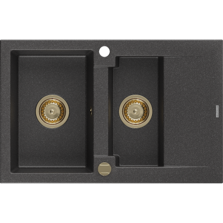 Mexen Gaspar évier en granit à 1,5 cuvette avec égouttoir 737 x 475 mm, Noir moucheté, siphon Or - 6507731505-76-G