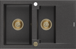 Mexen Gaspar évier en granit à 1,5 cuvette avec égouttoir 737 x 475 mm, Noir moucheté, siphon Or - 6507731505-76-G