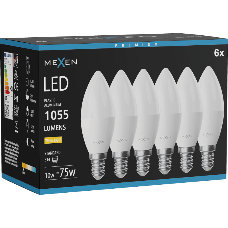 Mexen Nova 6x Ampoule LED E14, C37, 10W, Chaude - 3000K, 1055 lm - L102-E14-1030-01x06