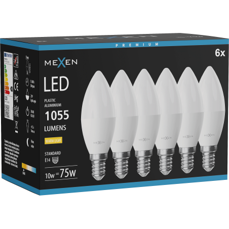 Mexen Nova 6x Ampoule LED E14, C37, 10W, Chaude - 3000K, 1055 lm - L102-E14-1030-01x06