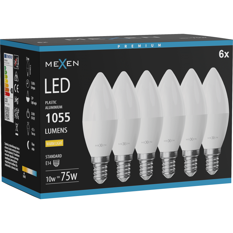 Mexen Nova 6x Ampoule LED E14, C37, 10W, Chaude - 3000K, 1055 lm - L102-E14-1030-01x06