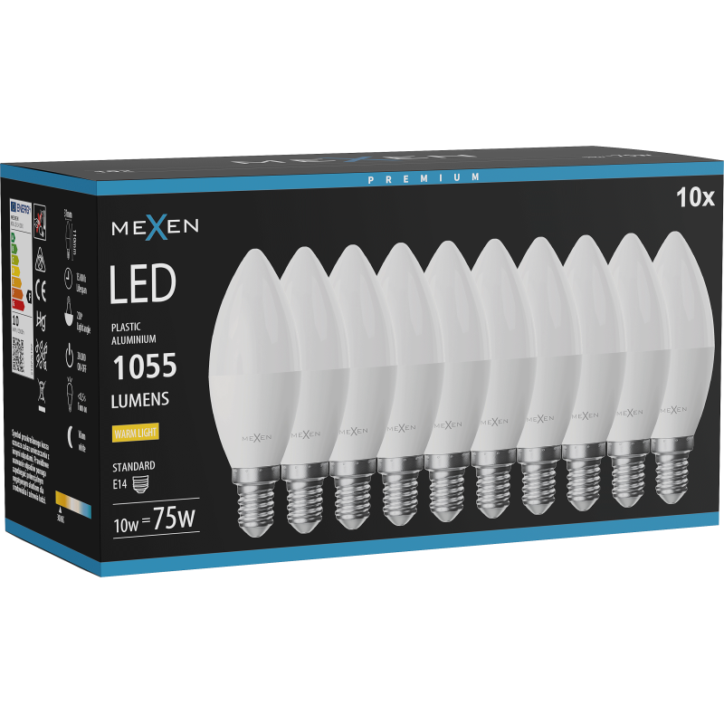 Mexen Nova 10x ampoule LED E14, C37, 10W, Chaude - 3000K, 1055 lm - L102-E14-1030-01x10
