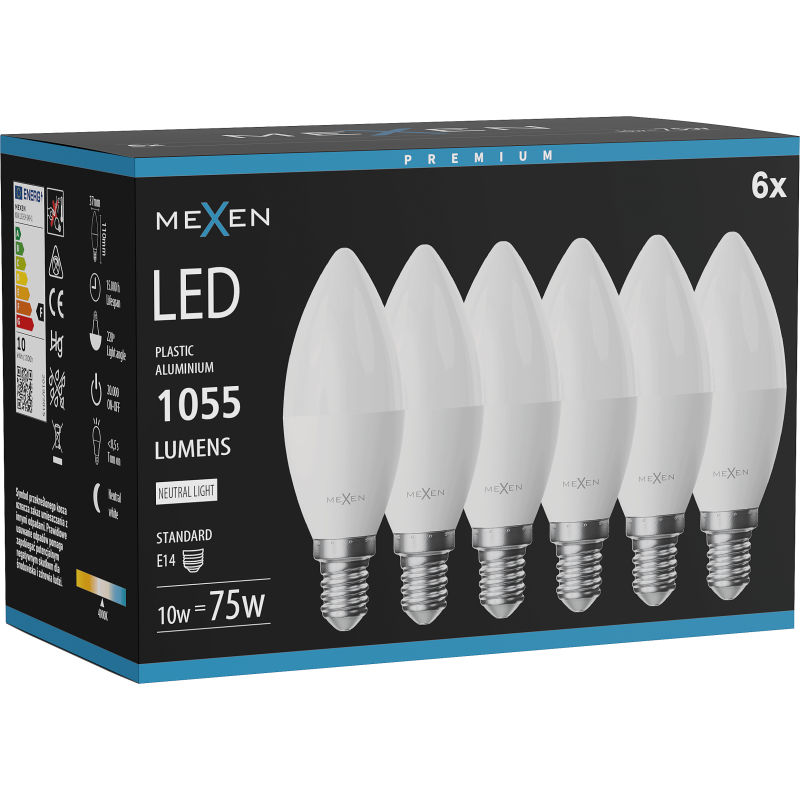 Mexen Nova 6x Ampoule LED E14, C37, 10W, Neutre - 4000K, 1055 lm - L102-E14-1040-01x06