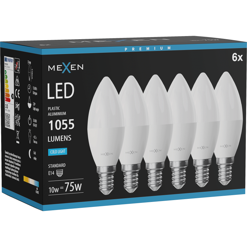 Mexen Nova 6x Ampoule LED E14, C37, 10W, Froid - 6500K, 1055 lm - L102-E14-1065-01x06