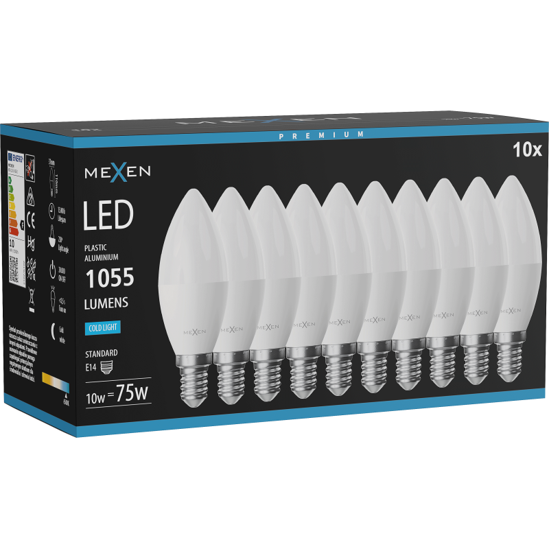 Mexen Nova 10x Ampoule LED E14, C37, 10W, Froid - 6500K, 1055 lm - L102-E14-1065-01x10