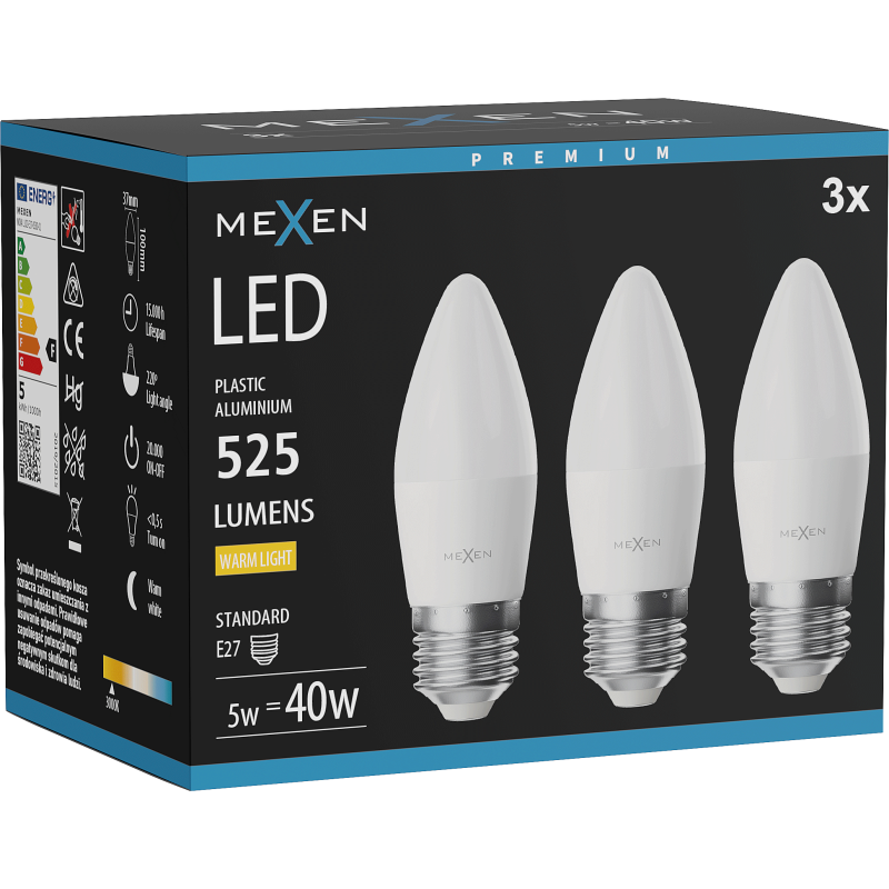 Mexen Nova 3x Ampoule LED E27, C37, 5W, Chaude - 3000K, 525 lm - L102-E27-0530-01x03