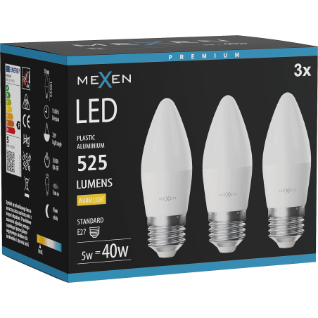 Mexen Nova 3x Ampoule LED E27, C37, 5W, Chaude - 3000K, 525 lm - L102-E27-0530-01x03