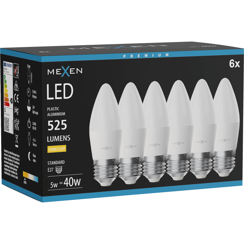 Mexen Nova 6x Ampoule LED E27, C37, 5W, Chaude - 3000K, 525 lm - L102-E27-0530-01x06