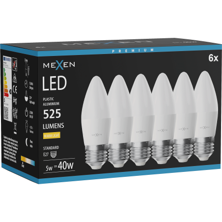 Mexen Nova 6x Ampoule LED E27, C37, 5W, Chaude - 3000K, 525 lm - L102-E27-0530-01x06