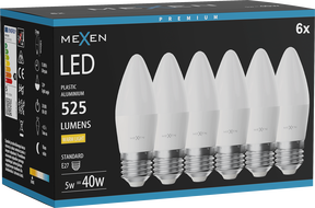 Mexen Nova 6x Ampoule LED E27, C37, 5W, Chaude - 3000K, 525 lm - L102-E27-0530-01x06