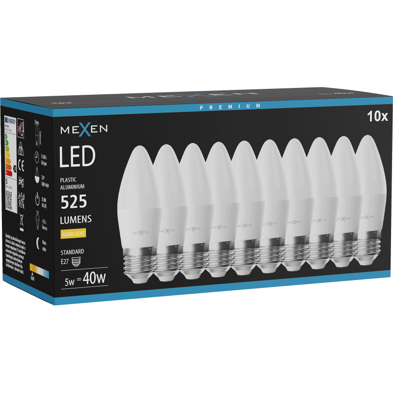 Mexen Nova 10x ampoule LED E27, C37, 5W, Chaude - 3000K, 525 lm - L102-E27-0530-01x10