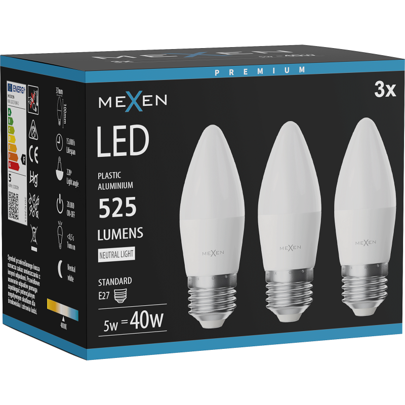 Mexen Nova 3x Ampoule LED E27, C37, 5W, Neutre - 4000K, 525 lm - L102-E27-0540-01x03