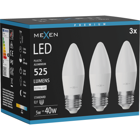 Mexen Nova 3x Ampoule LED E27, C37, 5W, Neutre - 4000K, 525 lm - L102-E27-0540-01x03