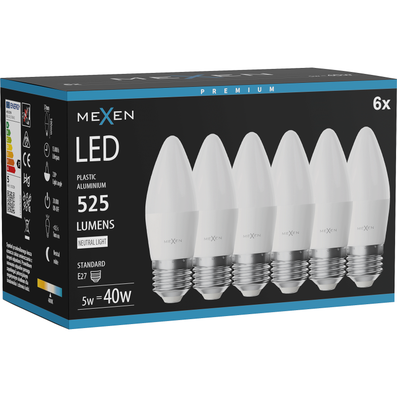 Mexen Nova 6x Ampoule LED E27, C37, 5W, Neutre - 4000K, 525 lm - L102-E27-0540-01x06