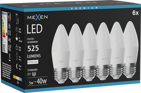 Mexen Nova 6x Ampoule LED E27, C37, 5W, Neutre - 4000K, 525 lm - L102-E27-0540-01x06
